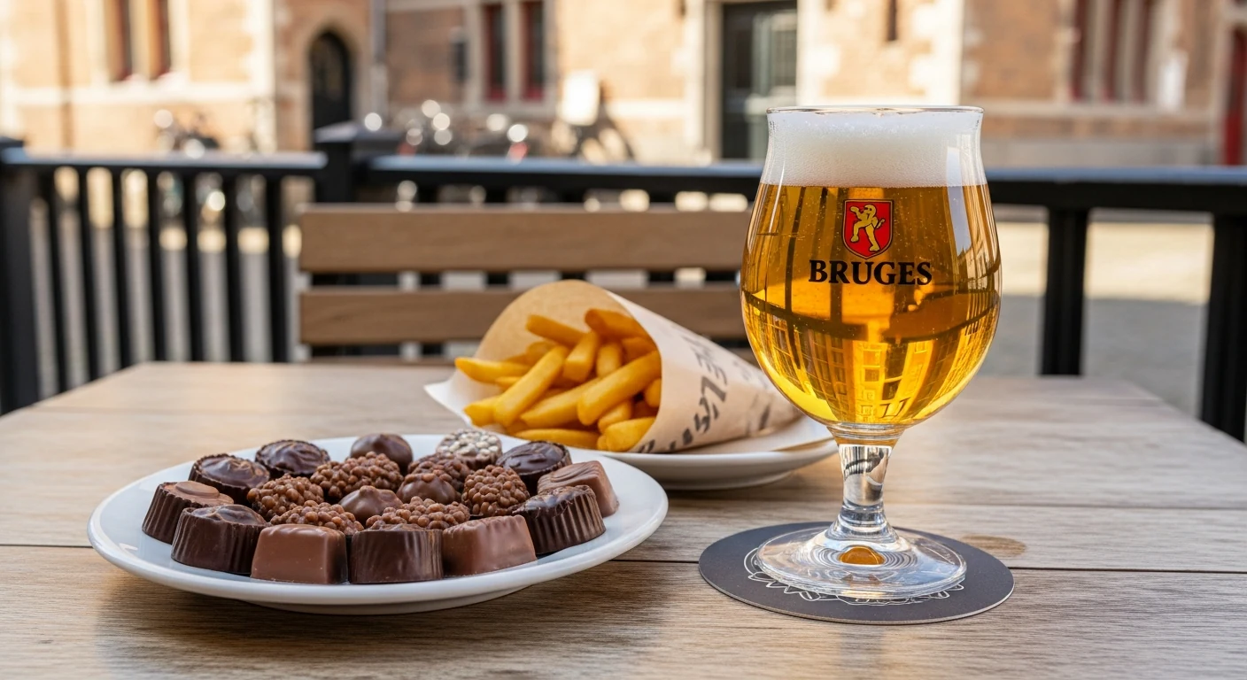 Belgian beer, chocolates and frites on a Bruges café table