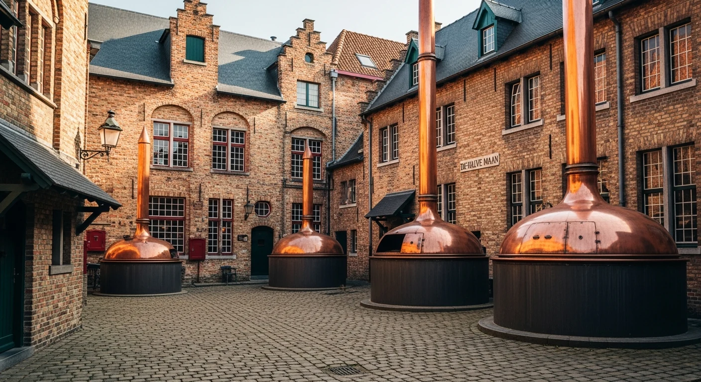 A candlelit courtyard at a working Bruges brewery
