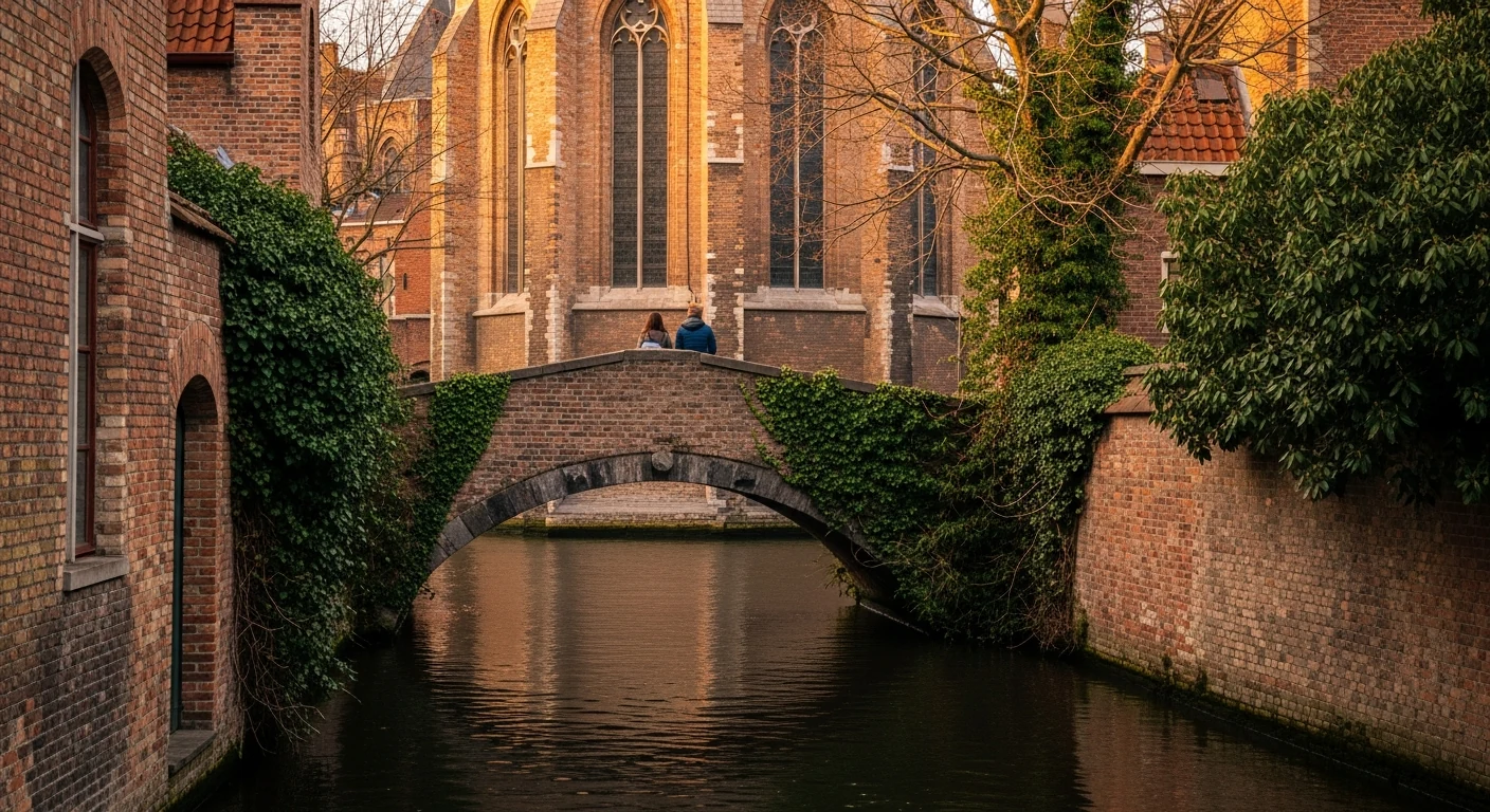 A quiet canal in Bruges at dusk