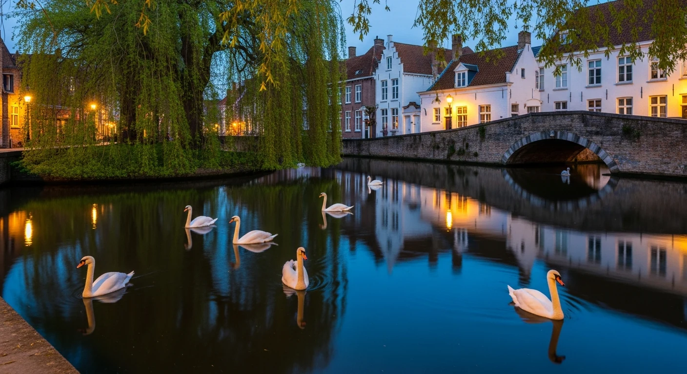 The Minnewater in Bruges, willows reflected in a quiet canal