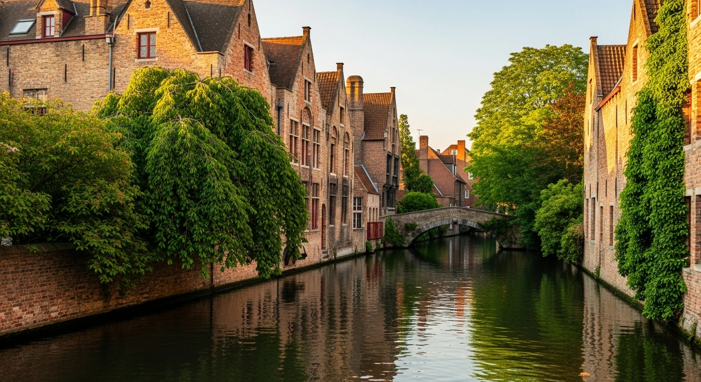 A calm Bruges canal at long-light evening