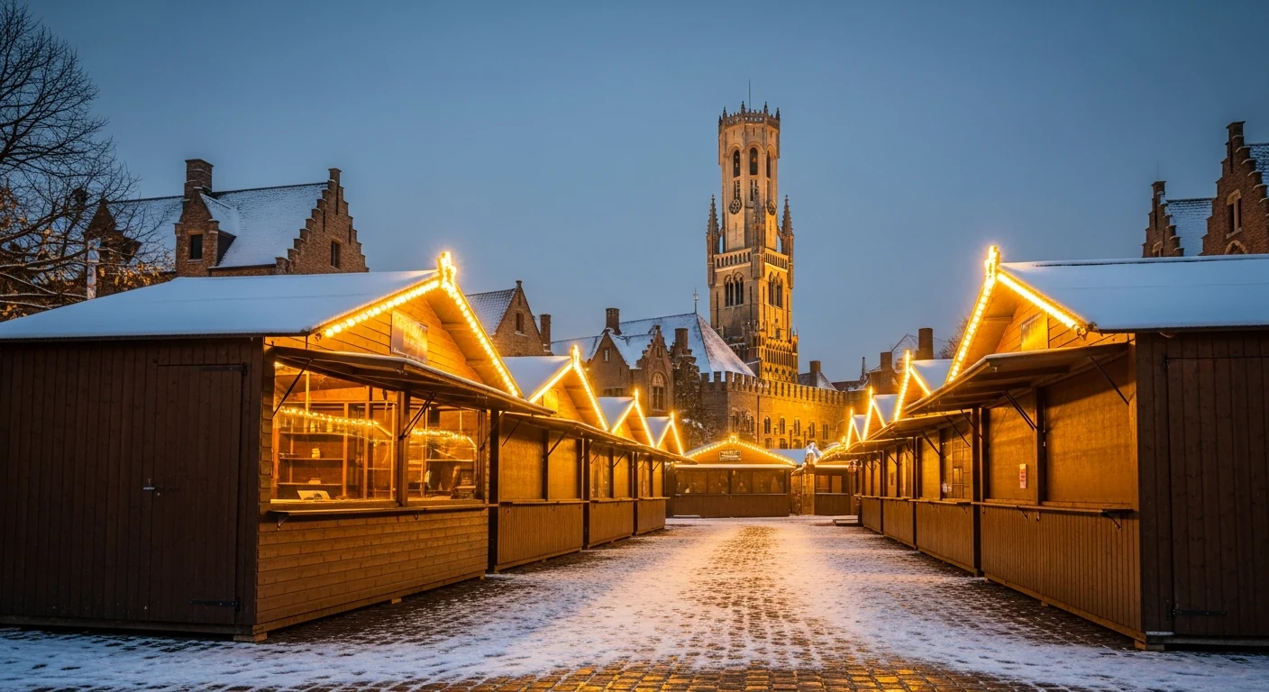 Wooden chalets of the Bruges Christmas market lit up under the Belfry at dusk