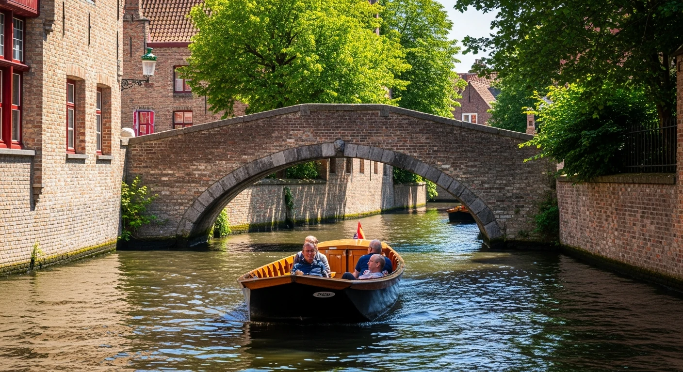 A canal boat gliding under a Bruges bridge