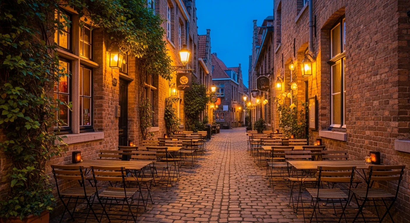 A narrow Bruges street with warm café lamps at twilight