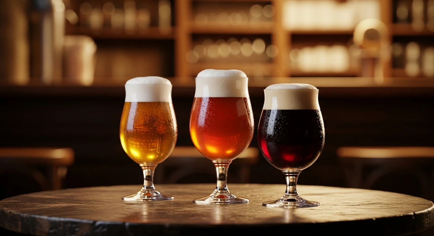 A trio of Belgian beers in their proper glassware on a brown café table