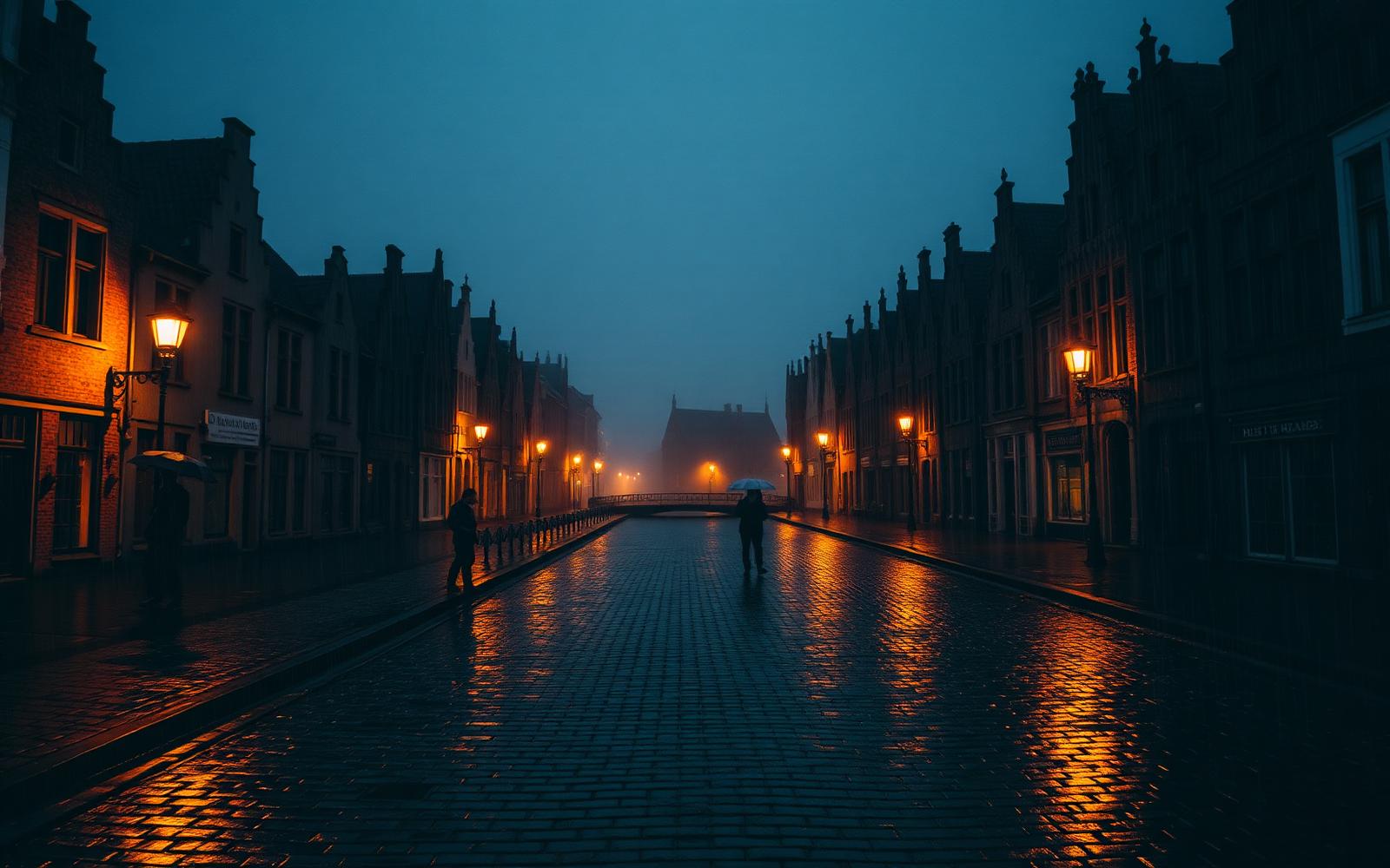 Wet cobbles and glowing lamps on a rainy Bruges street at dusk