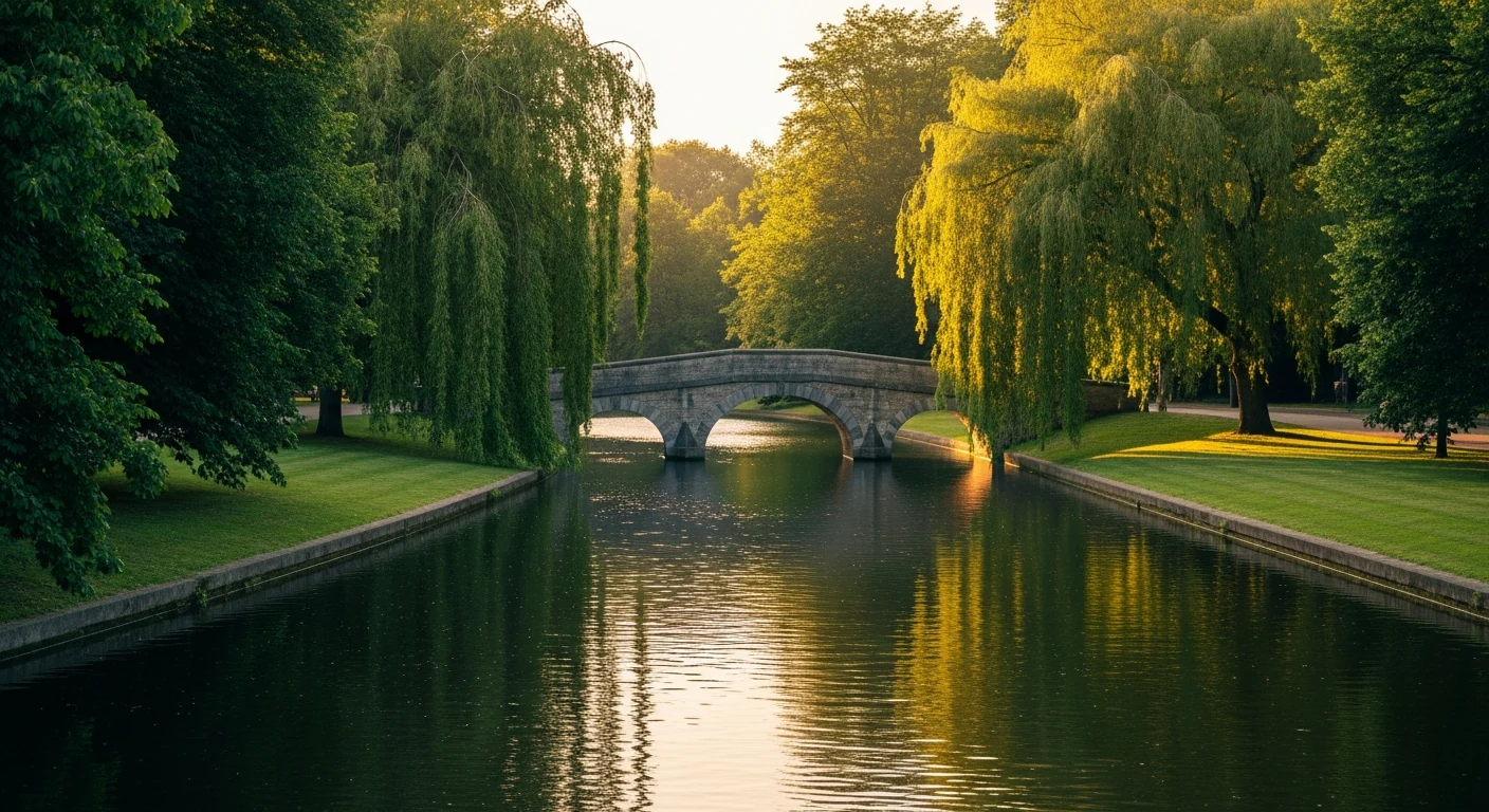 A serene Bruges canal with willows and an arched stone bridge at sunset