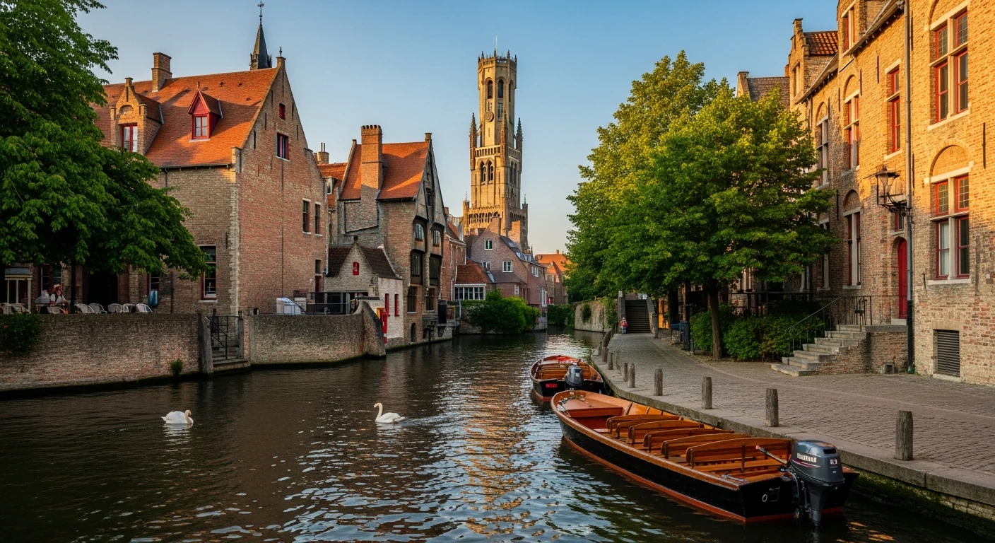 The Rozenhoedkaai canal in Bruges with a tour boat and the Belfry
