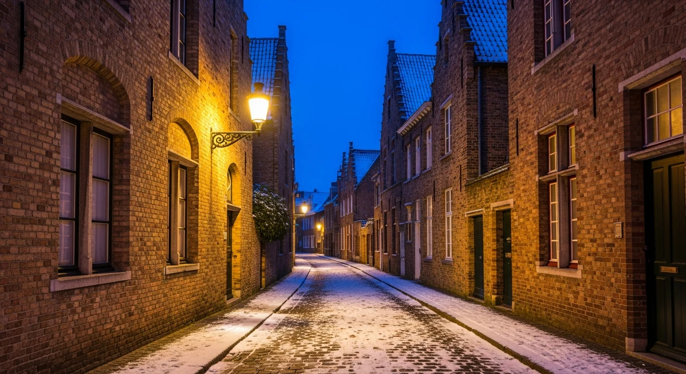 A lamplit cobbled lane in Bruges dusted with snow at blue hour
