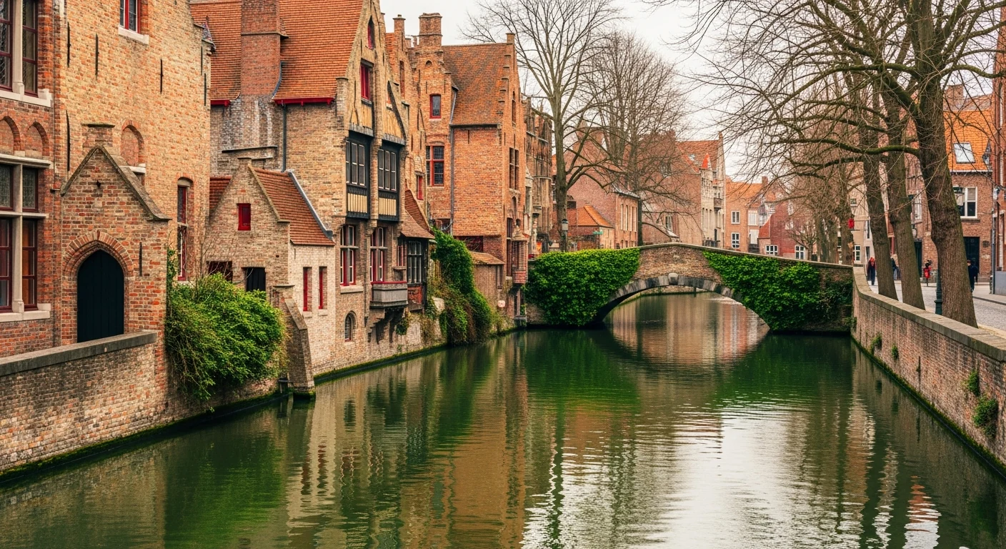 A quiet Bruges canal near a working brewery in the old centre