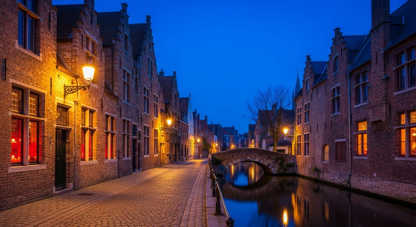 Bruges at night, lamplit bridges reflected in the canal