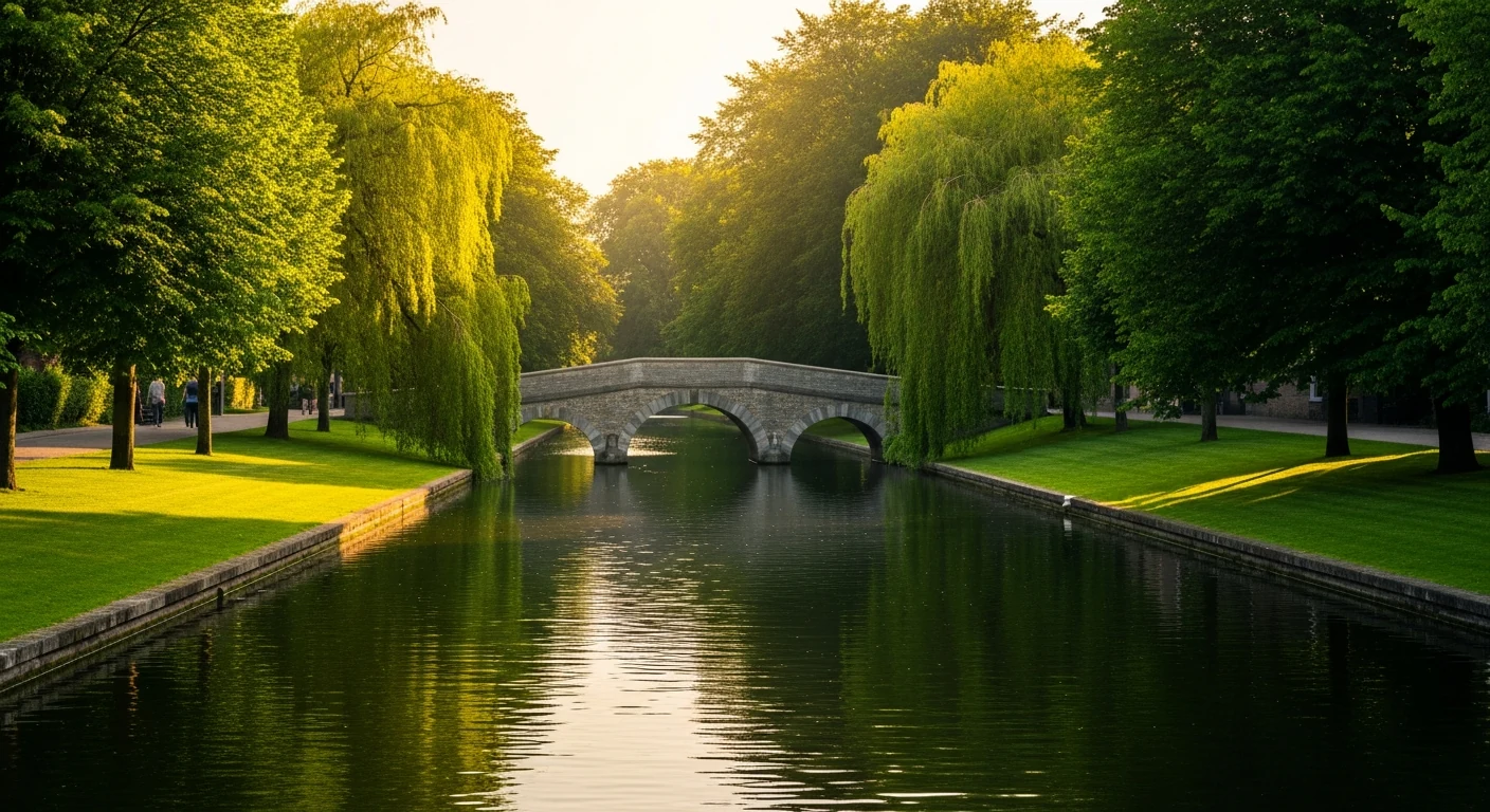 Willow trees over a canal at golden hour in Bruges
