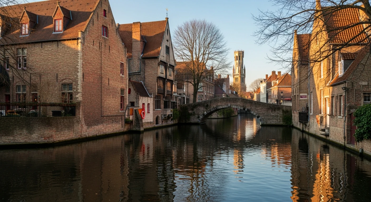 A canal in Bruges at golden hour with the Belfry in the distance