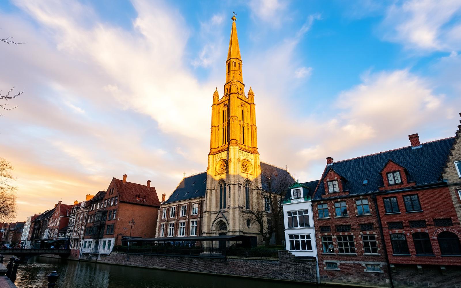 The soaring brick tower of the Church of Our Lady in Bruges at golden hour