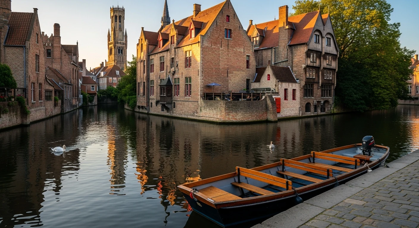 A quiet Bruges canal at dusk with the Belfry lit in the distance