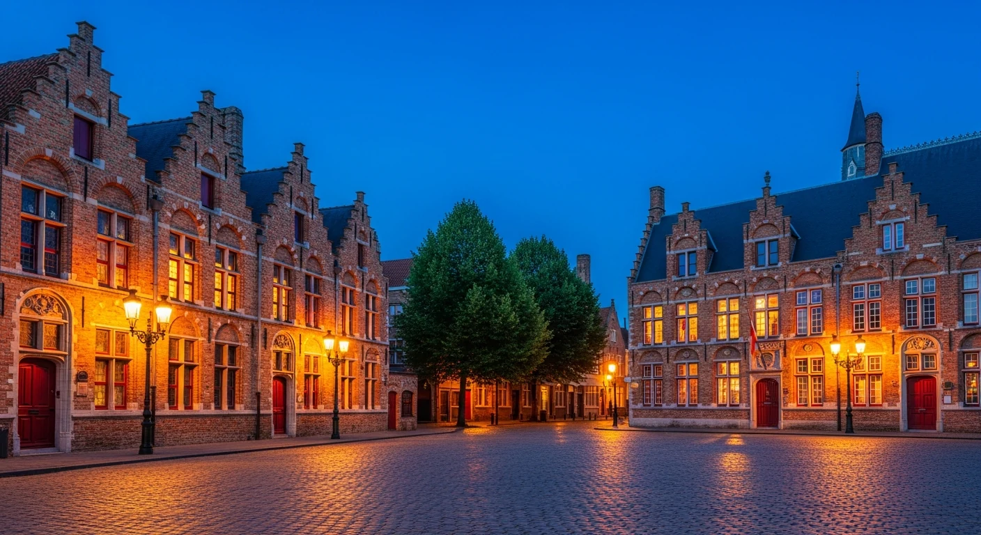 A lit historic square in Bruges at night