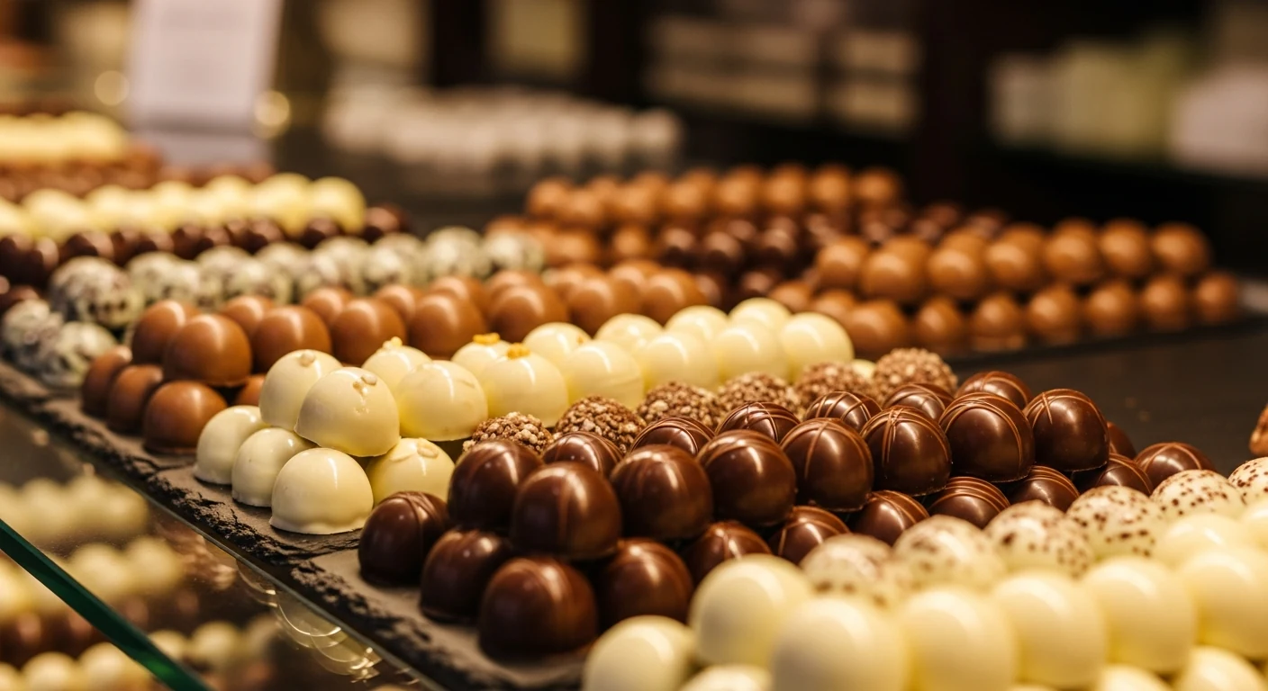 Rows of handmade Belgian pralines in a Bruges chocolatier