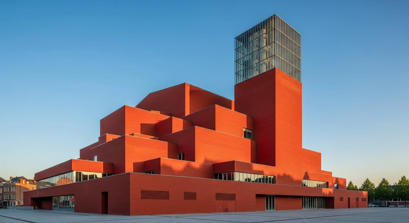 The red terracotta Concertgebouw against a blue sky