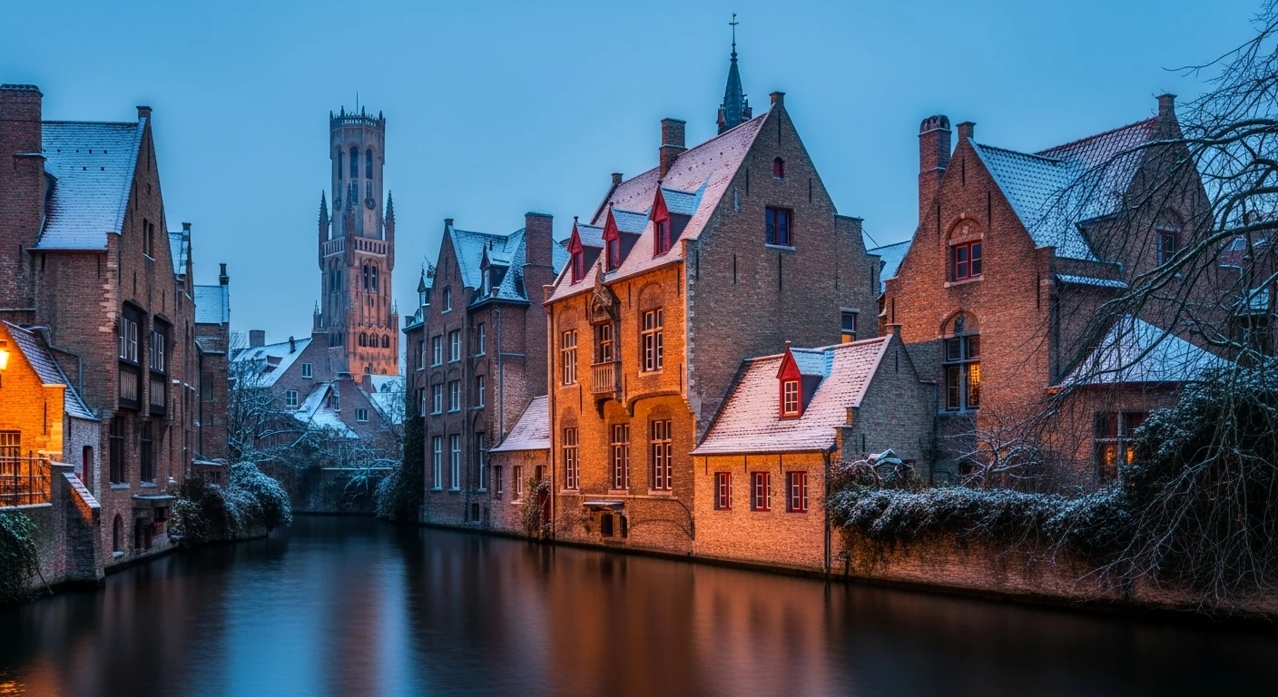 Snowy Bruges canal houses at dusk with the Belfry lit up