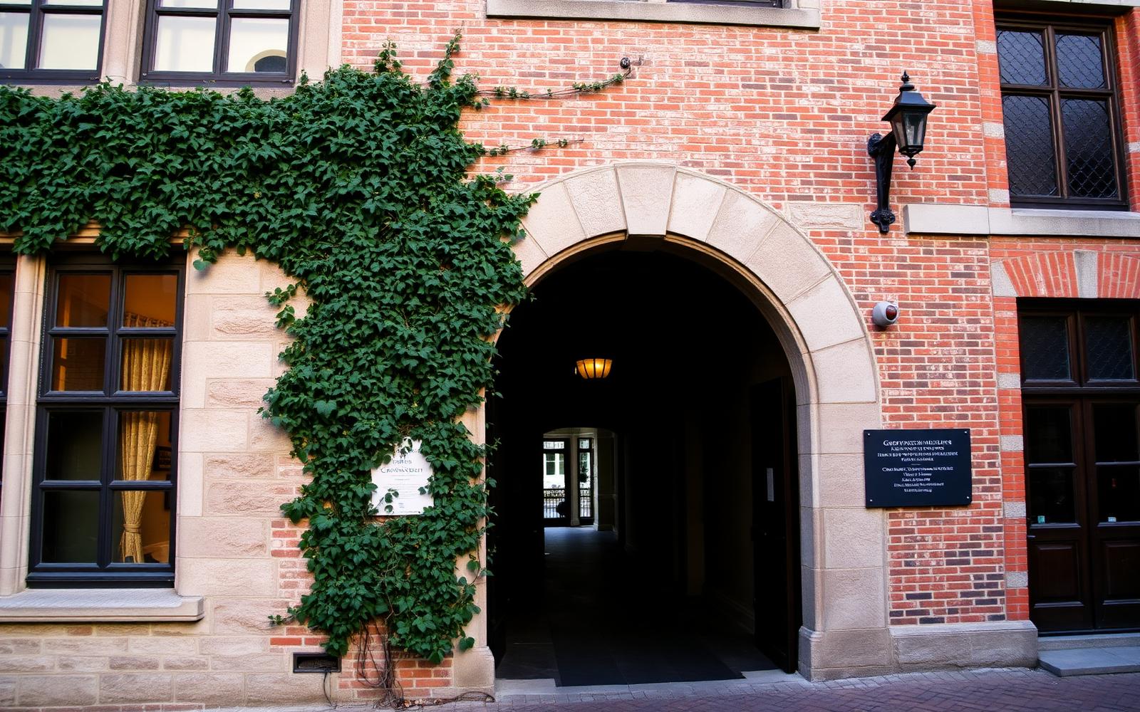 The ivy-clad entrance of the Groeningemuseum in Bruges