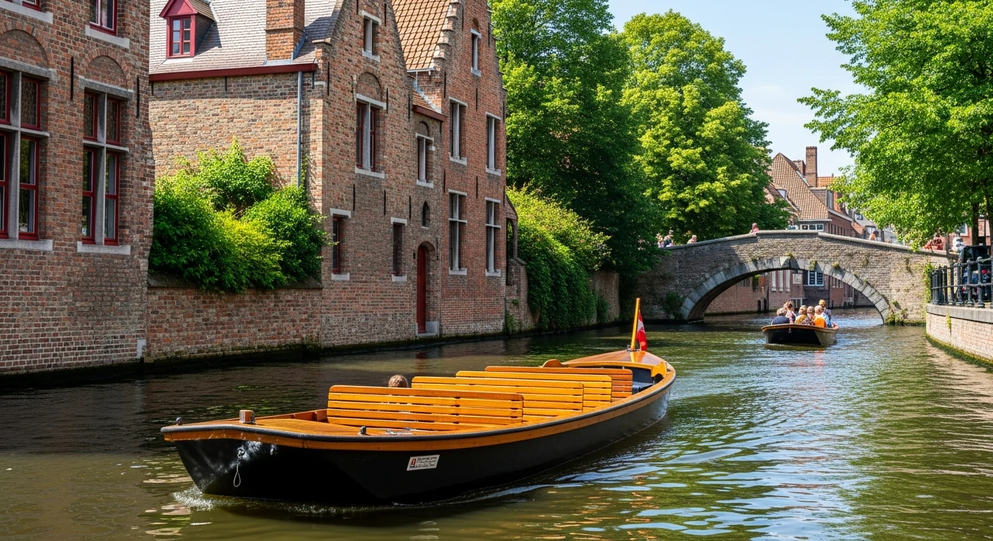 A canal boat gliding under a Bruges bridge