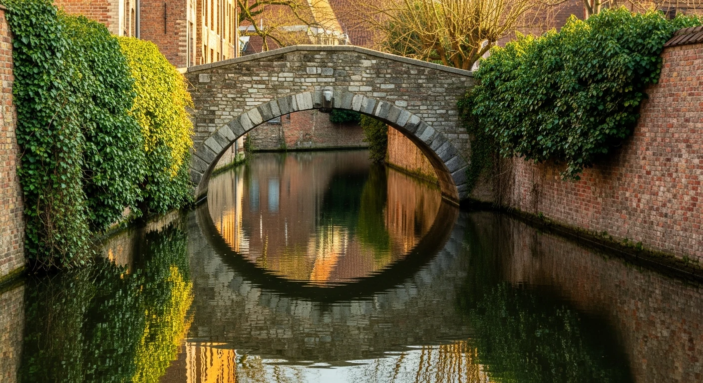 A stone bridge on a quiet Bruges canal
