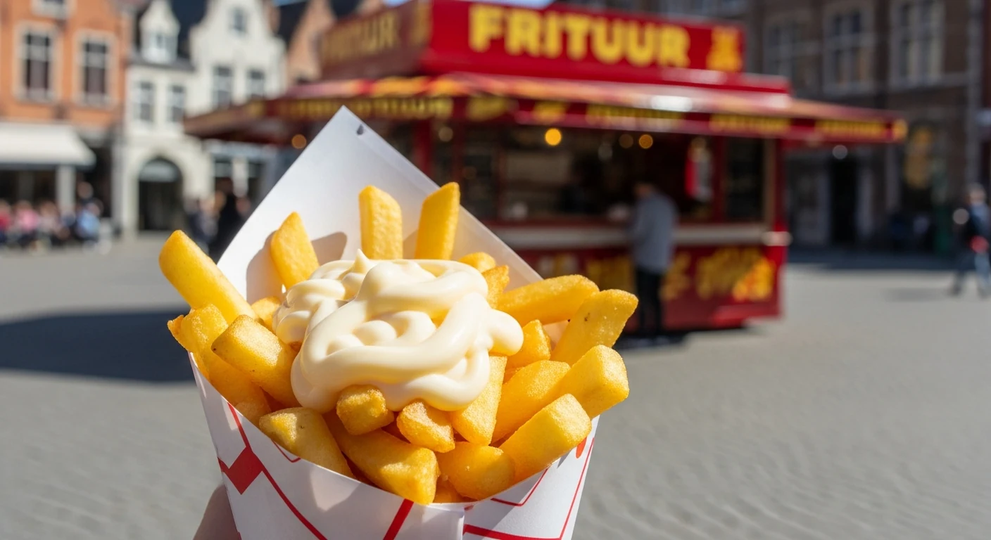 A cone of Belgian frites with mayo in front of a Bruges frituur