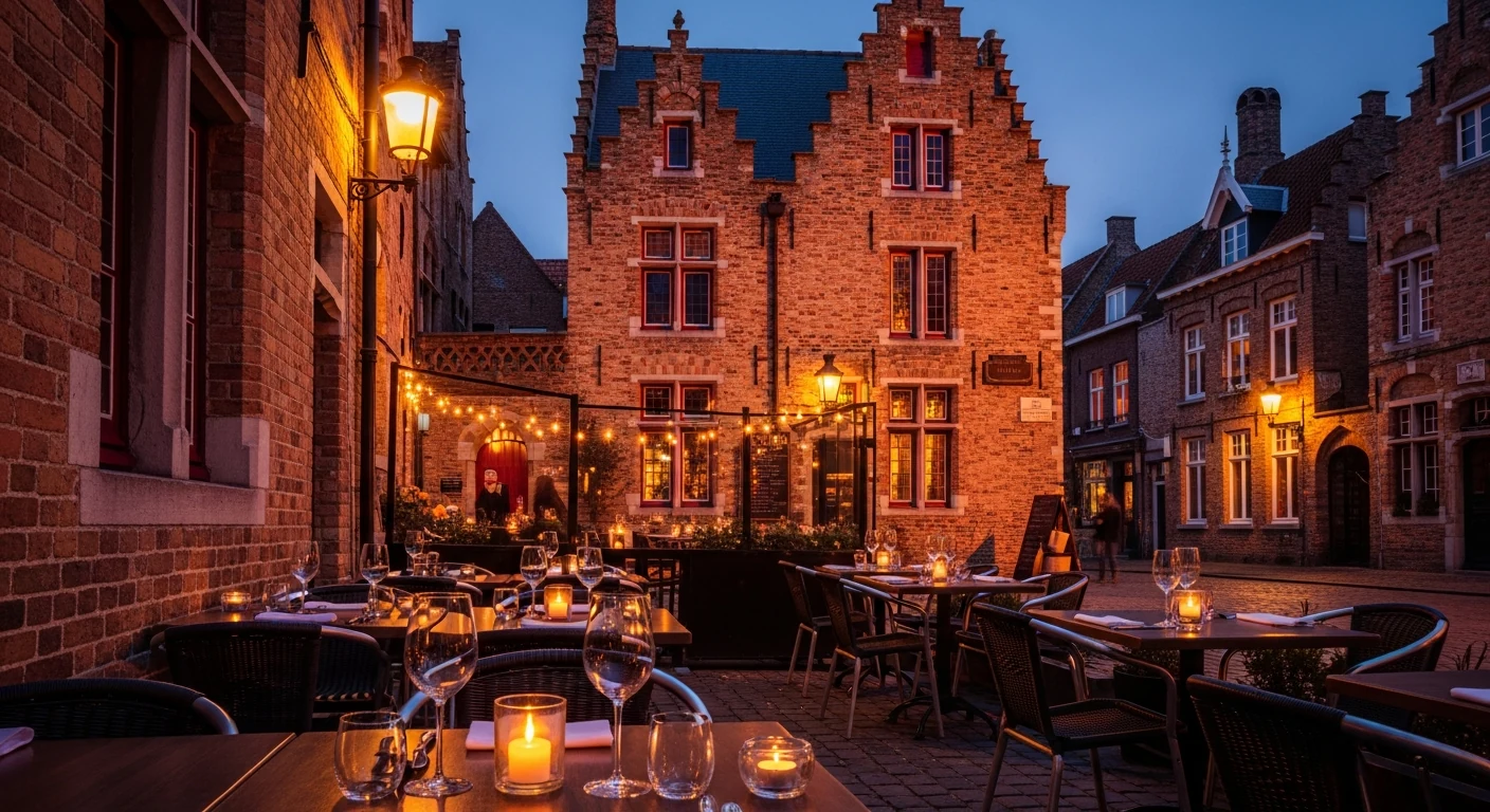 A candlelit terrace on a small Bruges square