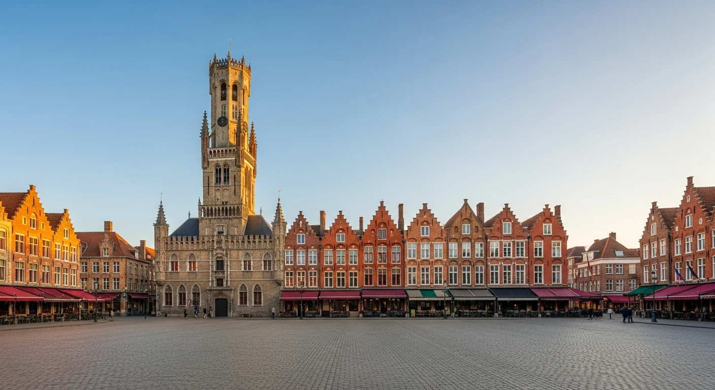 Belfry of Bruges rising over the Grote Markt